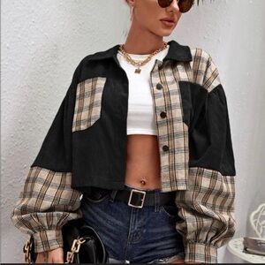 Cropped Plaid-Trim Button Front Jacket - Black & Beige S